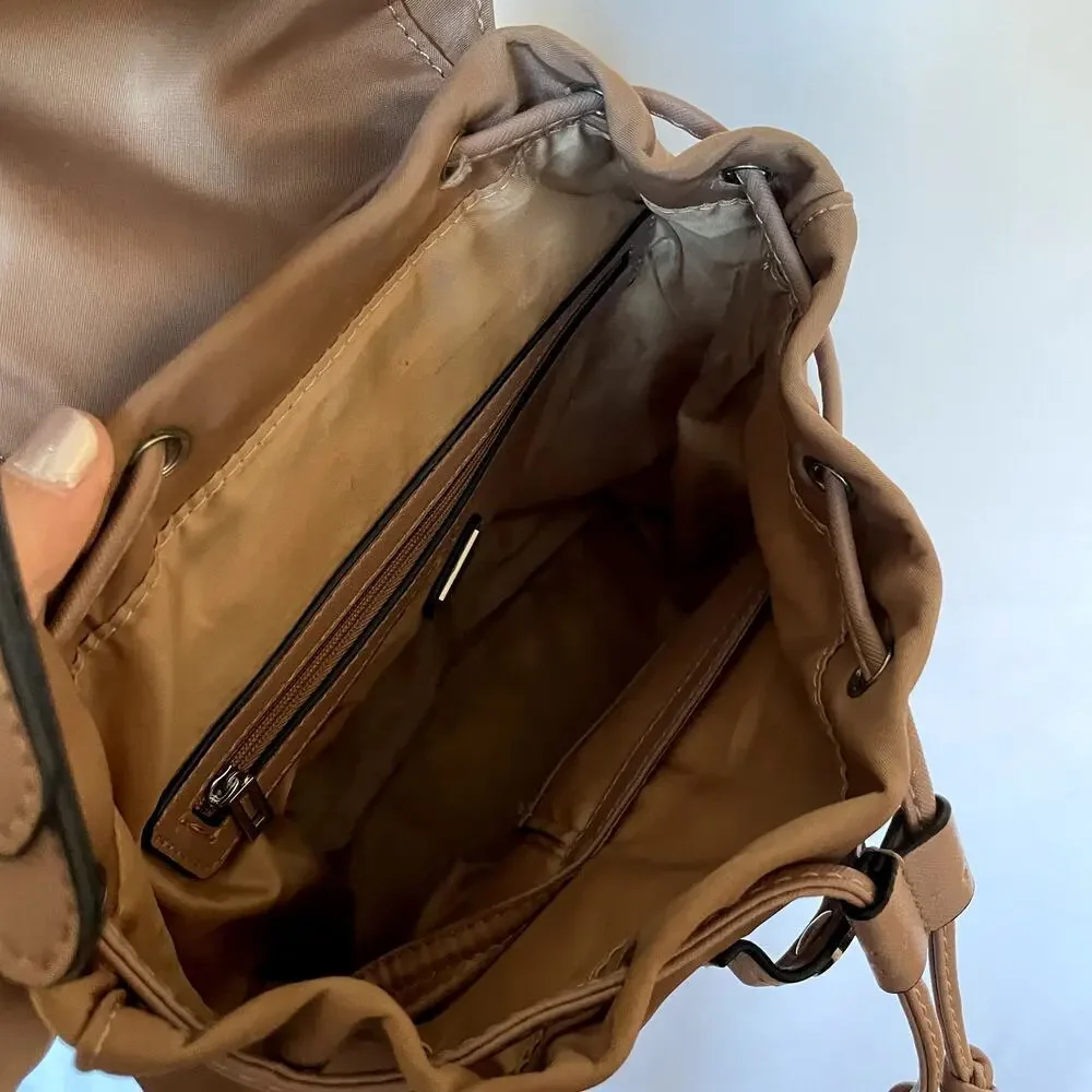Guess LA brown leather backpack many pockets drawstring design flaw‎